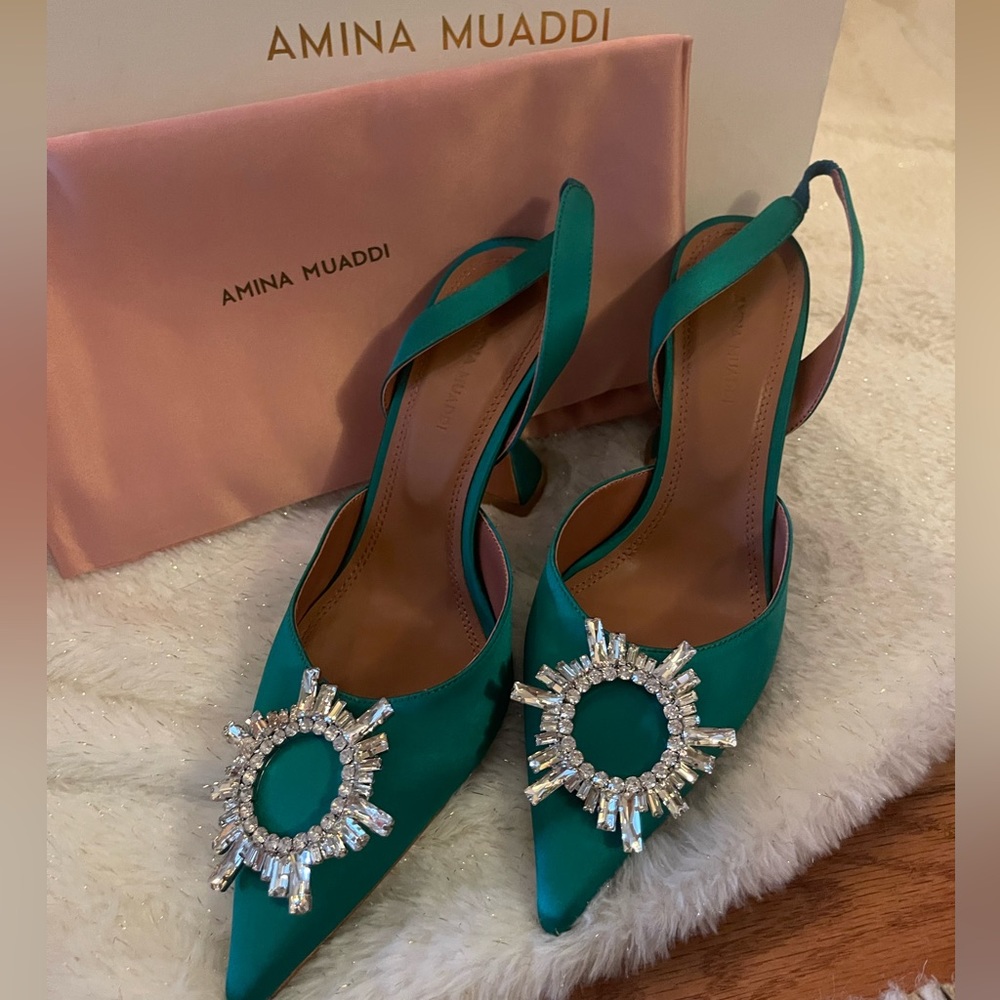 Amina Muaddi Begum Swarovski crystal-embellished satin slingback pumps
